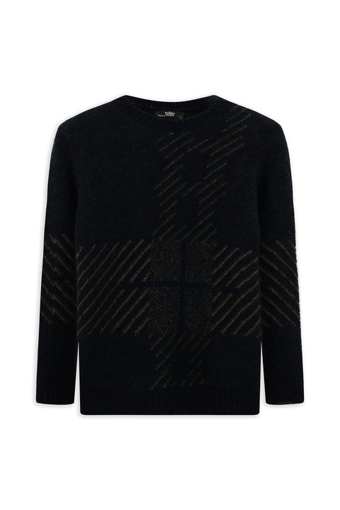 Dark Navy Crew Neck Regular Fit Patterned Wool Knit Sweater