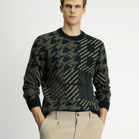 Dark Green Crew Neck Regular Fit Patterned Wool Knit Sweater