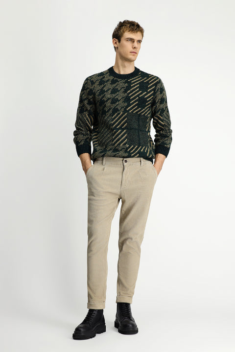 Dark Green Crew Neck Regular Fit Patterned Wool Knit Sweater
