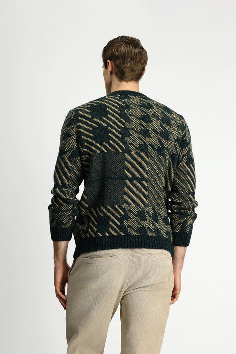 Dark Green Crew Neck Regular Fit Patterned Wool Knit Sweater
