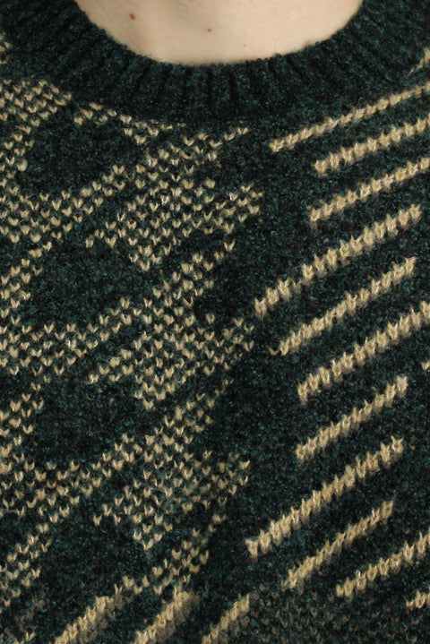 Dark Green Crew Neck Regular Fit Patterned Wool Knit Sweater