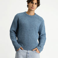 Light Blue Crew Neck Oversize Extra Relaxed Fit Patterned Wool Knit Sweater