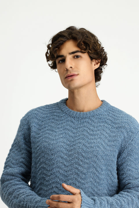 Light Blue Crew Neck Oversize Extra Relaxed Fit Patterned Wool Knit Sweater