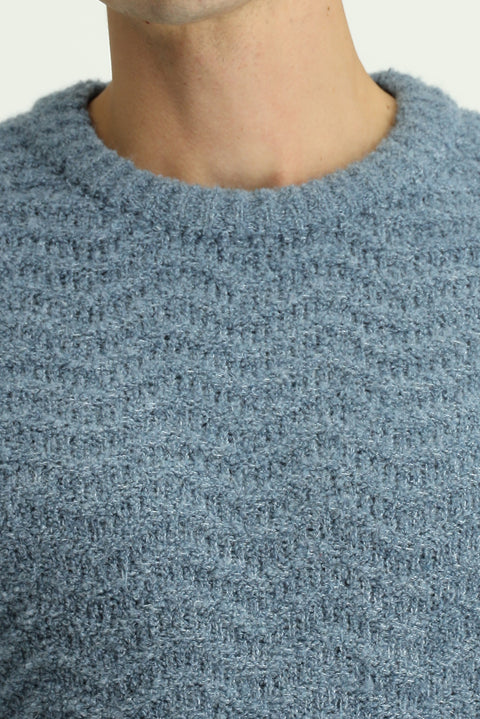 Light Blue Crew Neck Oversize Extra Relaxed Fit Patterned Wool Knit Sweater