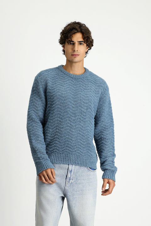 Light Blue Crew Neck Oversize Extra Relaxed Fit Patterned Wool Knit Sweater