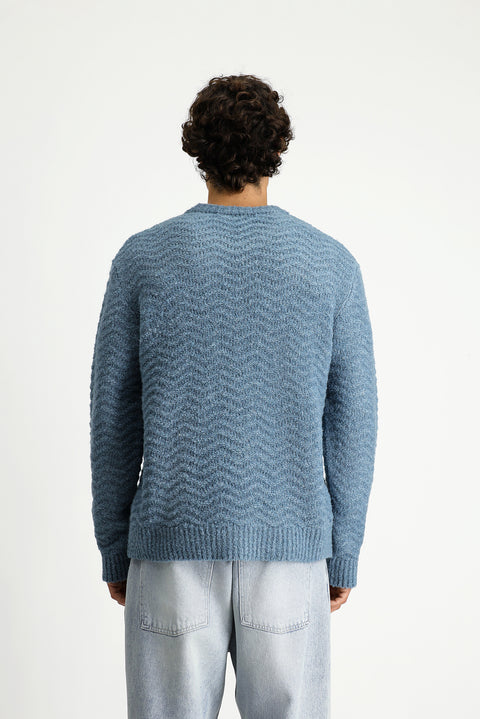 Light Blue Crew Neck Oversize Extra Relaxed Fit Patterned Wool Knit Sweater