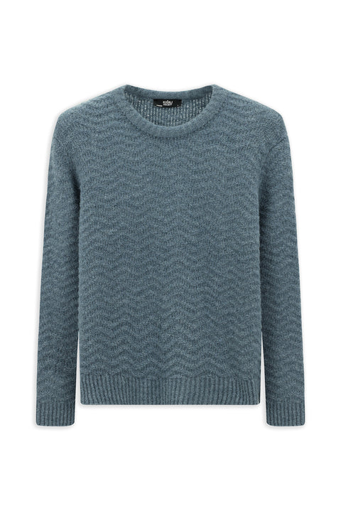 Light Blue Crew Neck Oversize Extra Relaxed Fit Patterned Wool Knit Sweater
