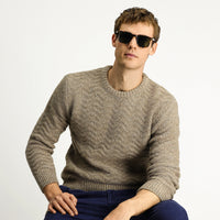 Light Mink Crew Neck Oversize Extra Relaxed Fit Patterned Wool Knit Sweater