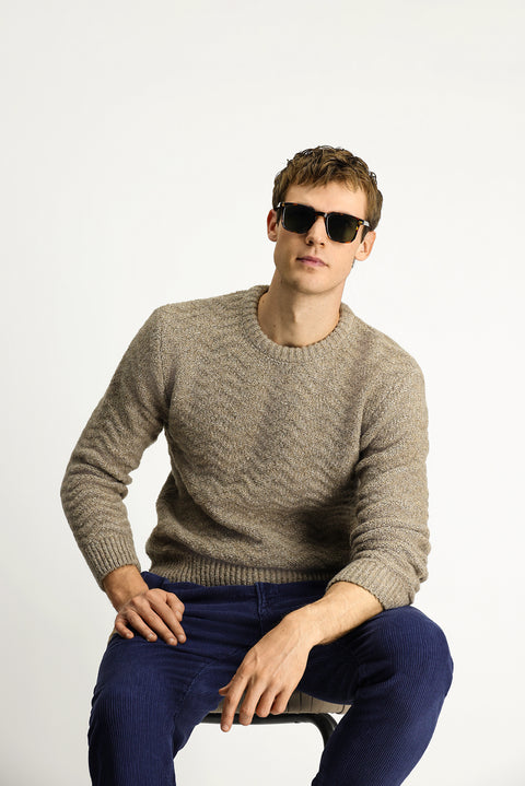 Light Mink Crew Neck Oversize Extra Relaxed Fit Patterned Wool Knit Sweater