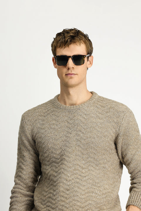 Light Mink Crew Neck Oversize Extra Relaxed Fit Patterned Wool Knit Sweater