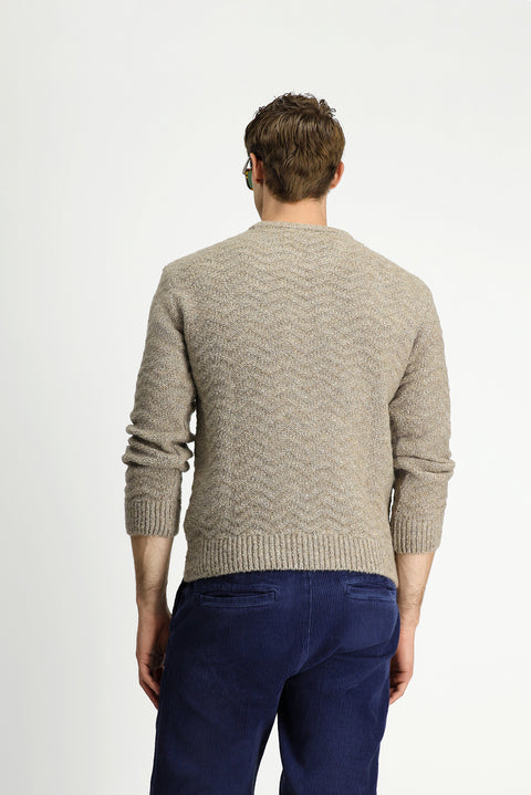 Light Mink Crew Neck Oversize Extra Relaxed Fit Patterned Wool Knit Sweater