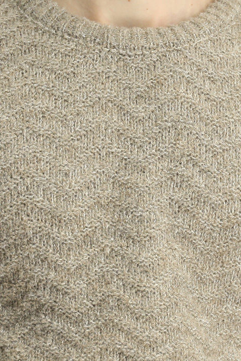 Light Mink Crew Neck Oversize Extra Relaxed Fit Patterned Wool Knit Sweater