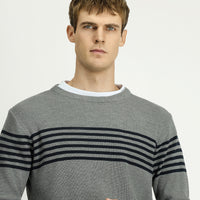 Medium Grey Melange Crew Neck Regular Fit Striped Knit Sweater