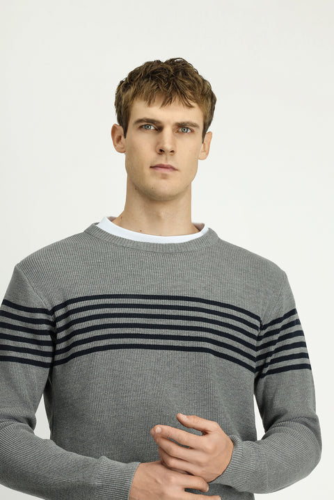 Medium Grey Melange Crew Neck Regular Fit Striped Knit Sweater