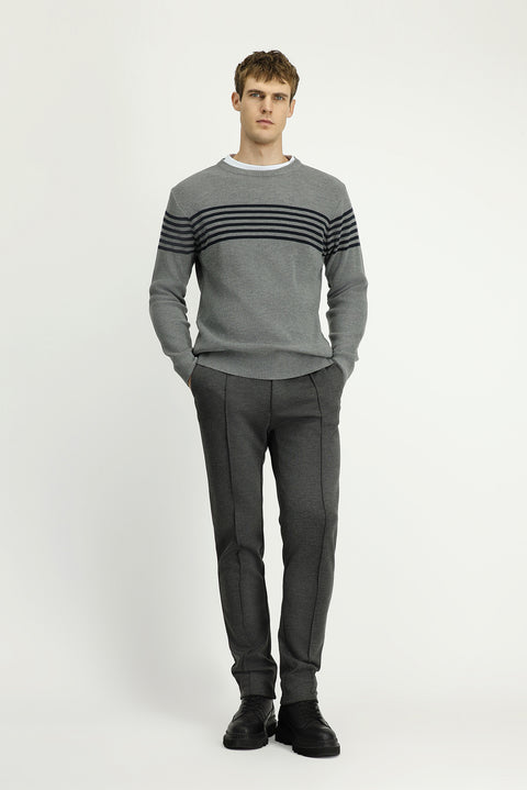 Medium Grey Melange Crew Neck Regular Fit Striped Knit Sweater