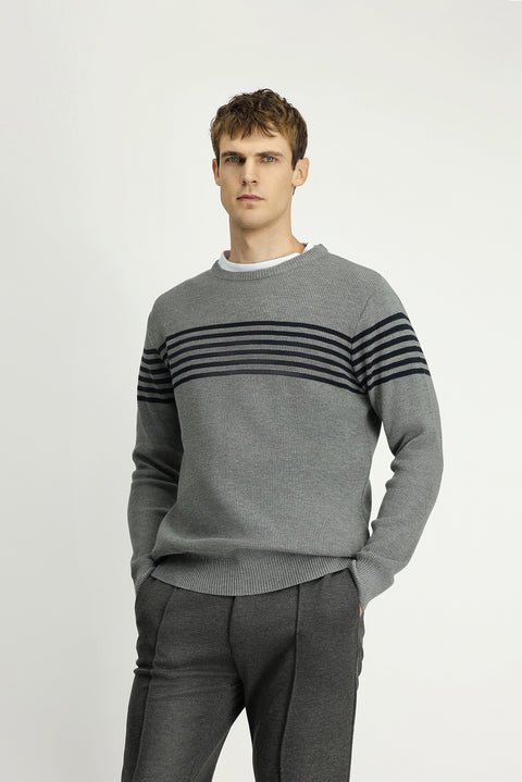 Medium Grey Melange Crew Neck Regular Fit Striped Knit Sweater