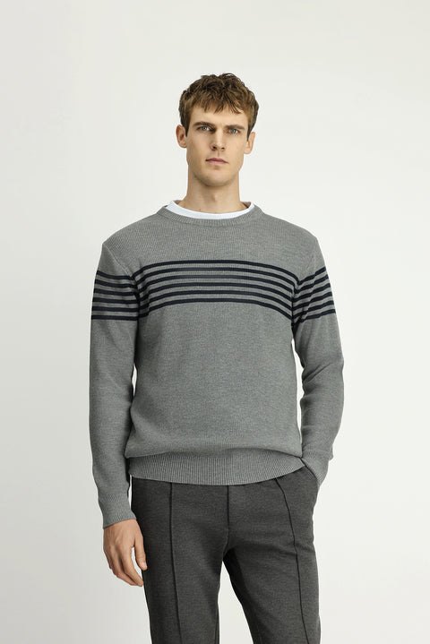 Medium Grey Melange Crew Neck Regular Fit Striped Knit Sweater