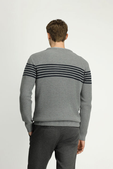 Medium Grey Melange Crew Neck Regular Fit Striped Knit Sweater