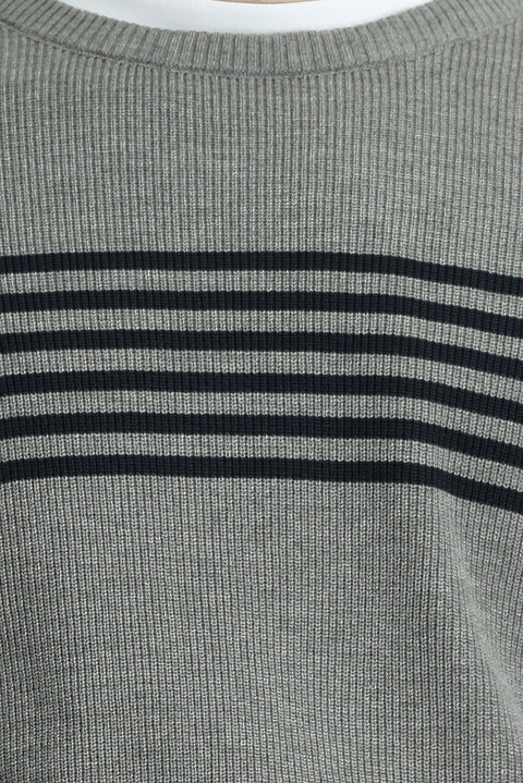 Medium Grey Melange Crew Neck Regular Fit Striped Knit Sweater
