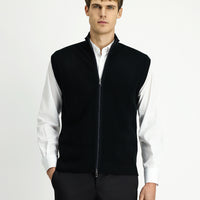 Black Patterned Zip-Up Wool Knit Vest