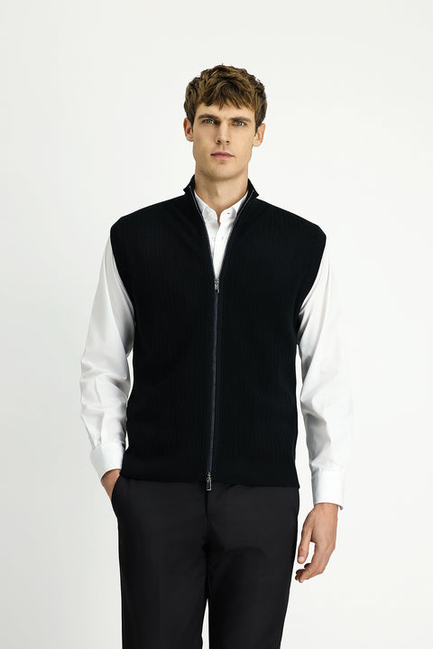 Black Patterned Zip-Up Wool Knit Vest