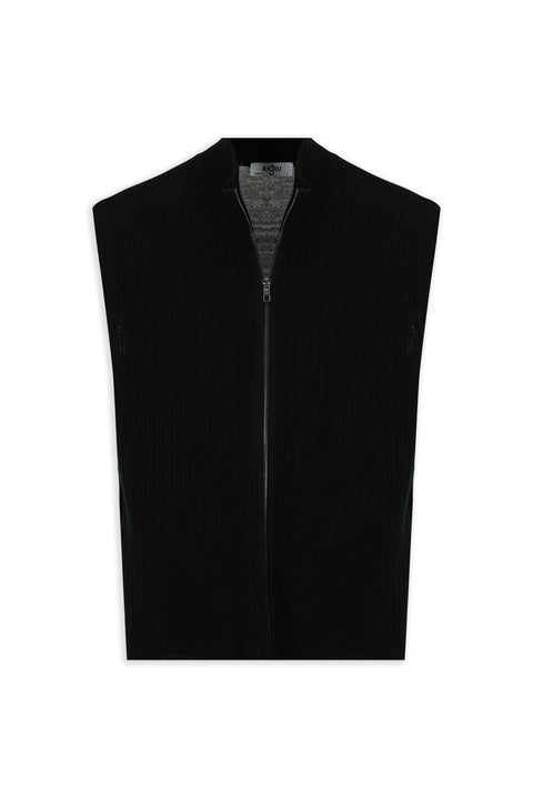 Black Patterned Zip-Up Wool Knit Vest
