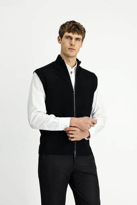Black Patterned Zip-Up Wool Knit Vest