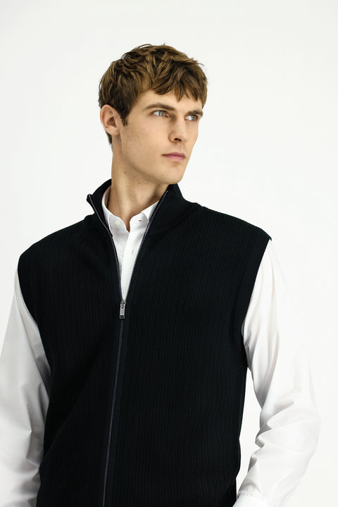Black Patterned Zip-Up Wool Knit Vest