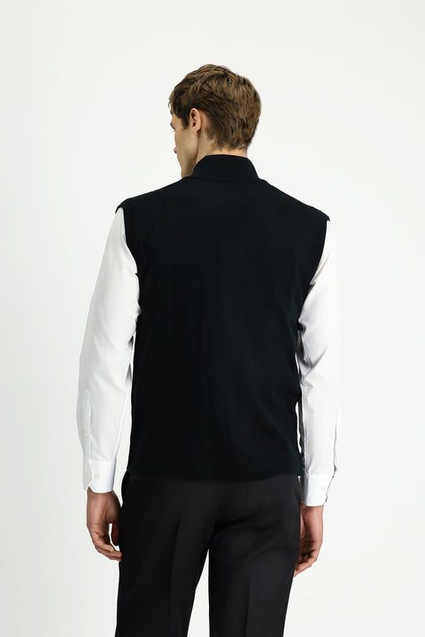 Black Patterned Zip-Up Wool Knit Vest