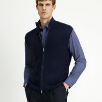 Dark Navy Patterned Zip-Up Wool Knit Vest