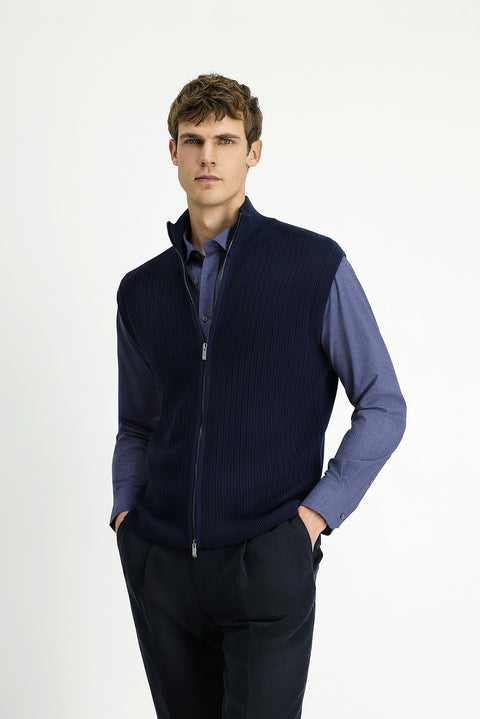 Dark Navy Patterned Zip-Up Wool Knit Vest