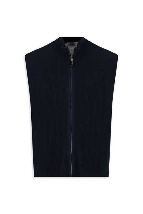 Dark Navy Patterned Zip-Up Wool Knit Vest