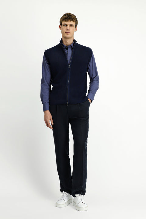 Dark Navy Patterned Zip-Up Wool Knit Vest