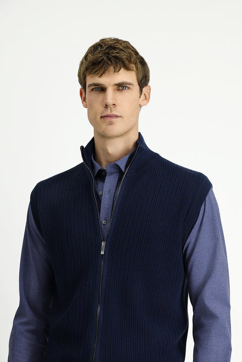 Dark Navy Patterned Zip-Up Wool Knit Vest