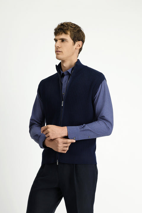 Dark Navy Patterned Zip-Up Wool Knit Vest
