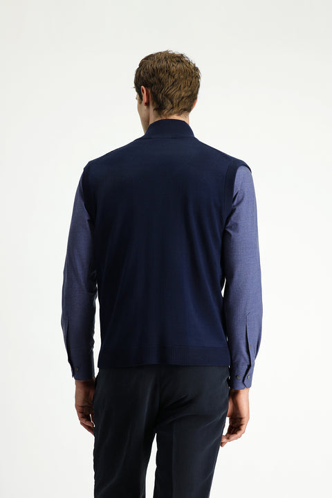 Dark Navy Patterned Zip-Up Wool Knit Vest