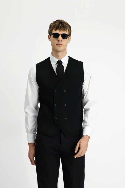 Black Wool Double-Breasted Knit Vest