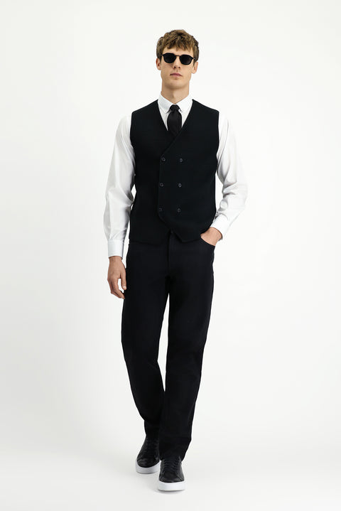 Black Wool Double-Breasted Knit Vest