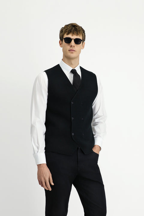 Black Wool Double-Breasted Knit Vest