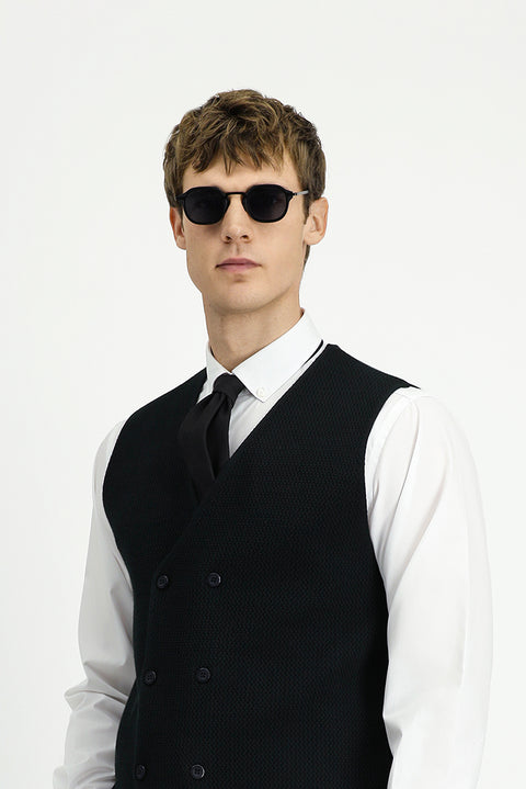 Black Wool Double-Breasted Knit Vest