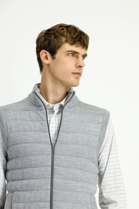 Light Grey Melange Patterned Zip-Up Knitted Vest