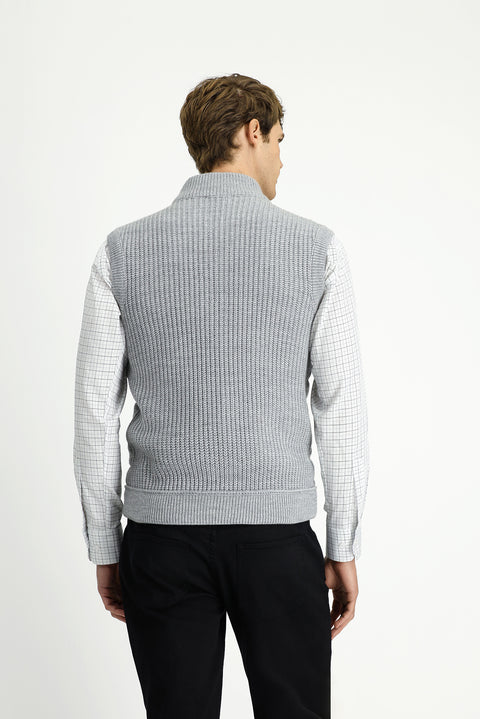 Light Grey Melange Patterned Zip-Up Knitted Vest