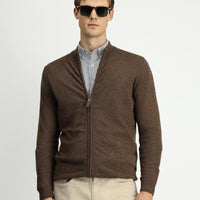 Medium Brown Half Turtleneck Patterned Zippered Wool Cashmere Blend Knitted Cardigan