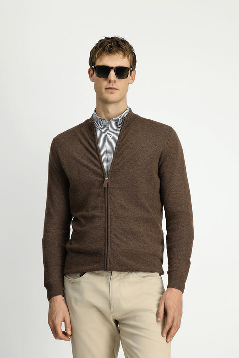 Medium Brown Half Turtleneck Patterned Zippered Wool Cashmere Blend Knitted Cardigan