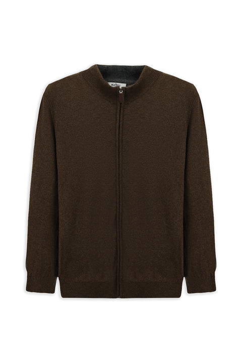 Medium Brown Half Turtleneck Patterned Zippered Wool Cashmere Blend Knitted Cardigan