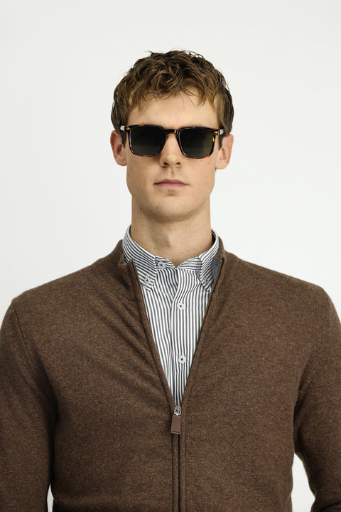 Medium Brown Half Turtleneck Patterned Zippered Wool Cashmere Blend Knitted Cardigan