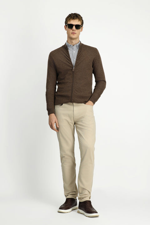 Medium Brown Half Turtleneck Patterned Zippered Wool Cashmere Blend Knitted Cardigan
