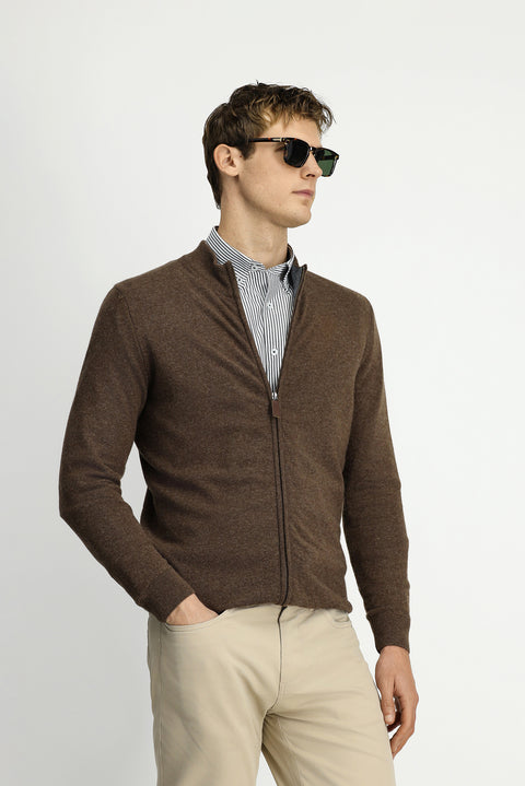 Medium Brown Half Turtleneck Patterned Zippered Wool Cashmere Blend Knitted Cardigan