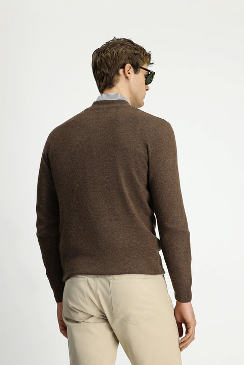 Medium Brown Half Turtleneck Patterned Zippered Wool Cashmere Blend Knitted Cardigan