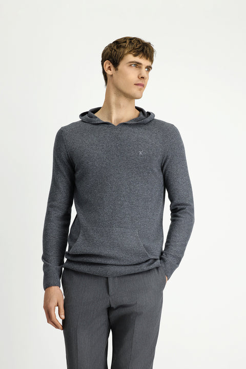 Medium Grey Melange Hooded Regular Fit Wool Knit Sweater
